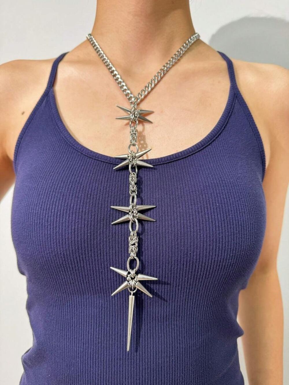 Silver Spike Body Chain Necklace - Gothic Punk Back Jewelry for Women & Men